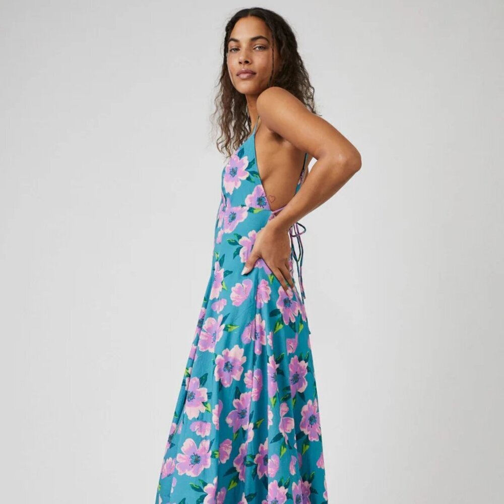NWT FREE PEOPLE FINER THINGS TEAL FLORAL STRAPPY BOHO MIDI SUNDRESS M - Picture 5 of 10
